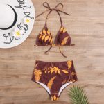 Brown Leaves High Waist Halter-neck two-piece bikini